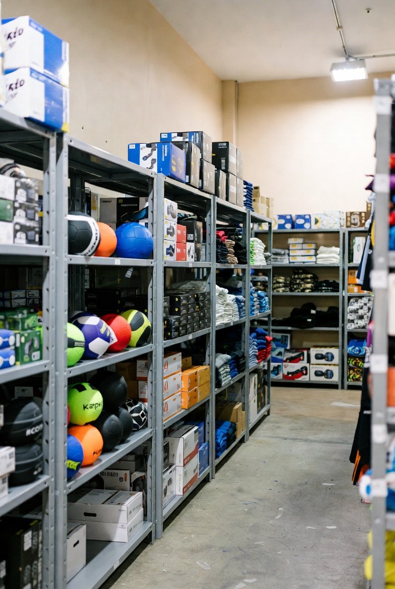 Interior of a Singapore sporting goods wholesale showroom with neatly stocked shelves