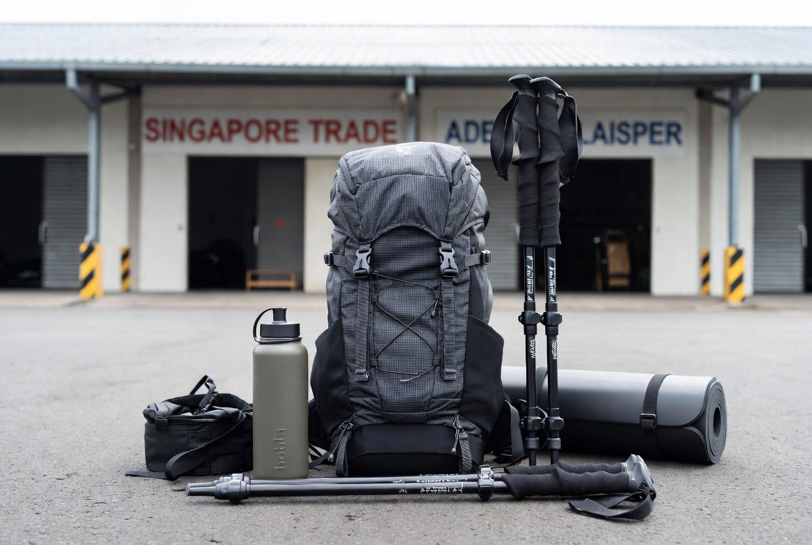 Camping and hiking gear including a backpack, water bottle, and trekking poles