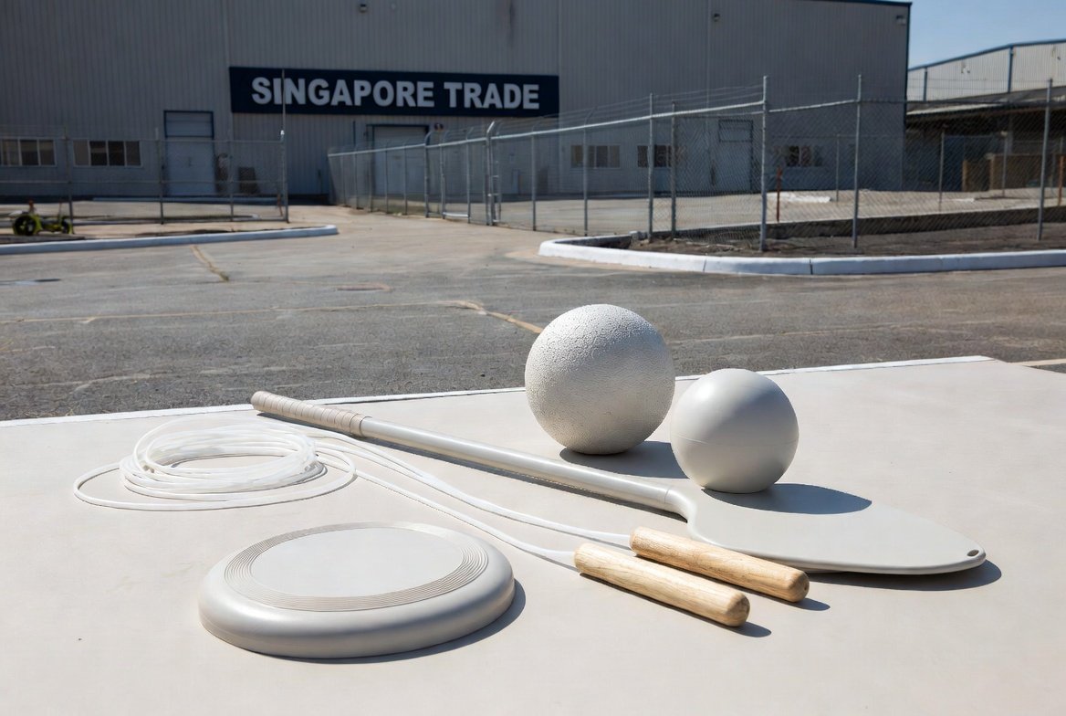 Frisbees, skipping ropes, and beach game items arranged as recreational goods