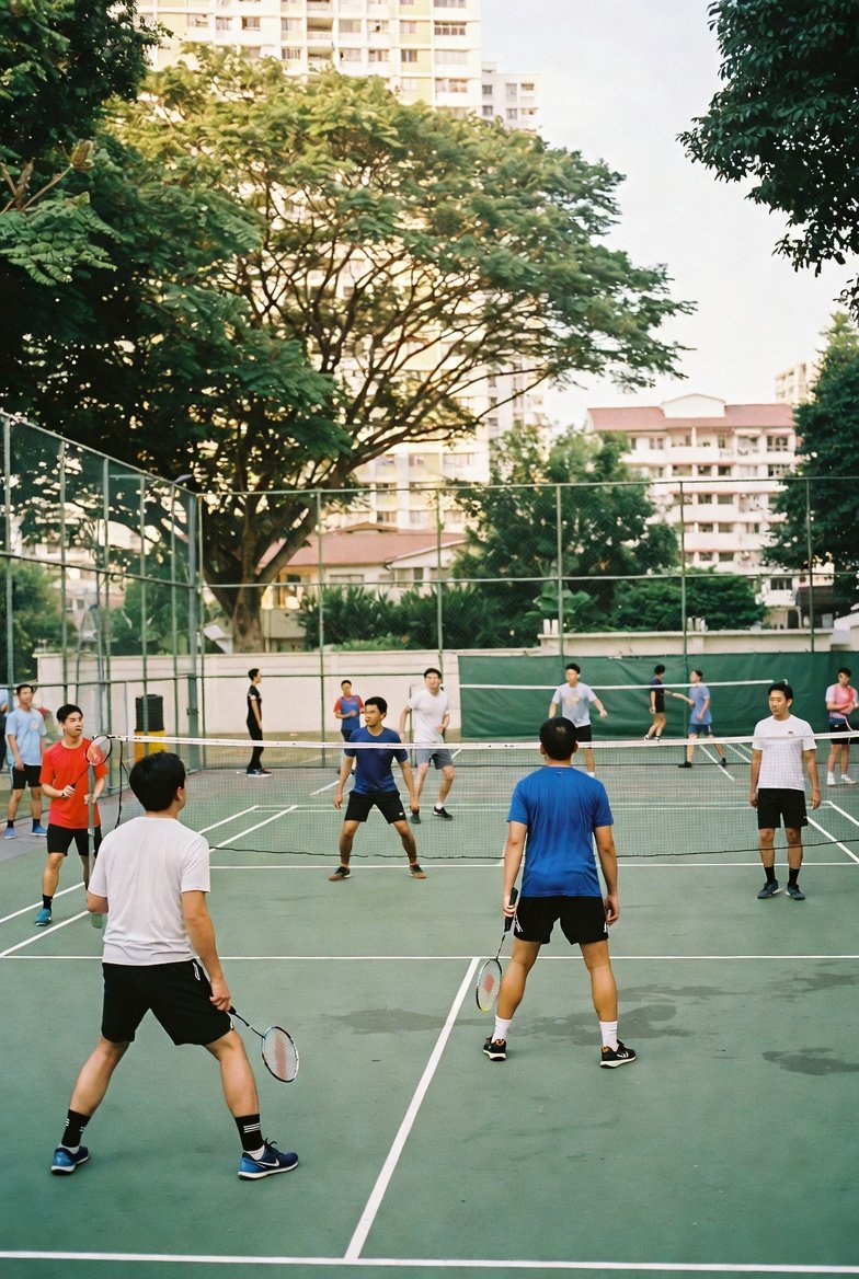 People playing sports at a Singapore community court with equipment in use